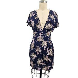 New Flynn Skye Olivia Mini Dress Womens M Navy Blue Floral Deep V Pockets